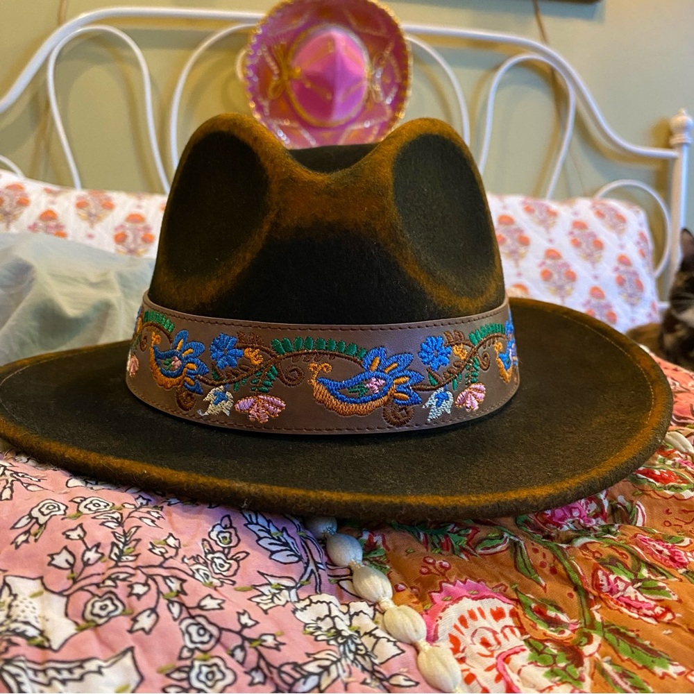 Peter Grimm Mavis Folk Embroidered Distressed Wool Hat Brown